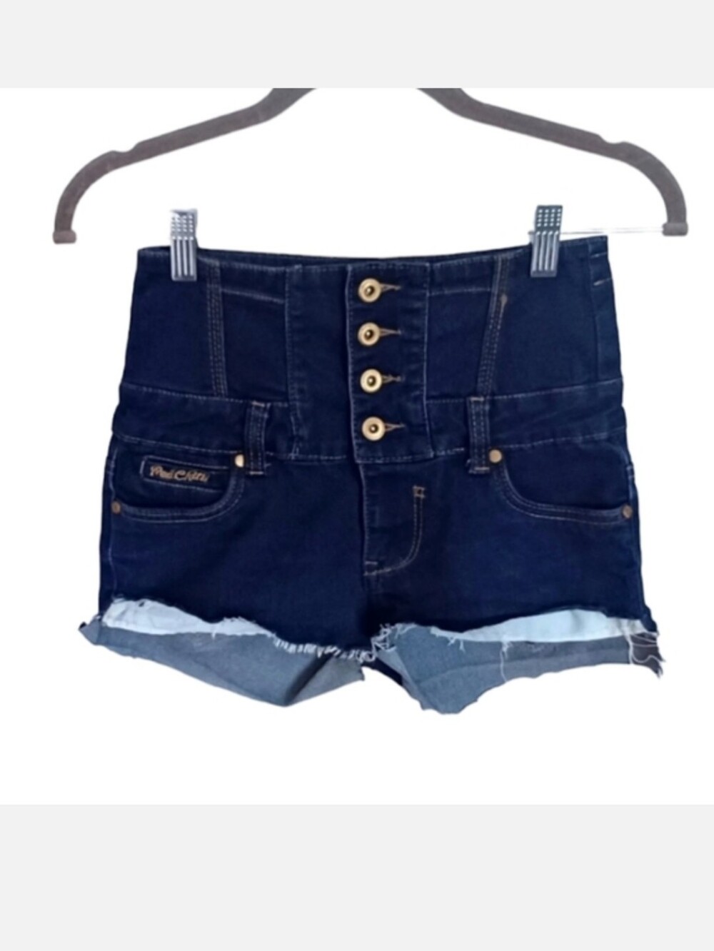 High Rise Waisted Dark Wash Denim Button Fly Stretchy Cut off Jean Shorts 8